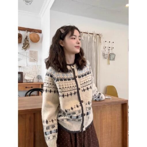 Vapetix Free Size-Free Size  Vintage Jacquard Crew Neck Knitted Cardigan Women's Autumn/Winter Thickened Single-Breasted Loose F – Bild 6