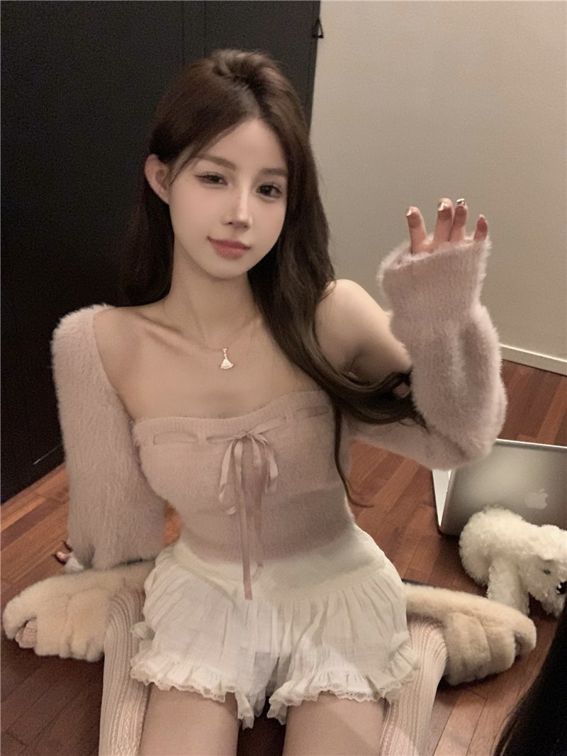 Vapetix One size fits all-One size fits all Real shot~Sweet bubble plush sweater set, sweet and spicy strappy vest + cardigan two-piece set - 图片 5