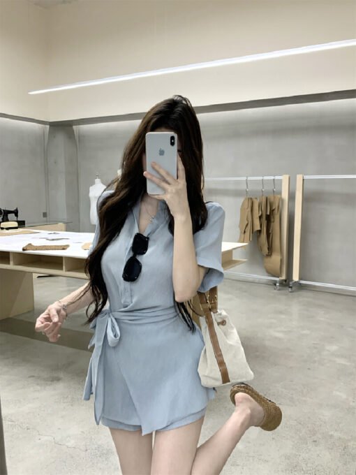 Vapetix S-M  Real shot ~ Designer style, elegant, lapel, strap, cinched waist blouse dress, commuting high-waist – Bild 8