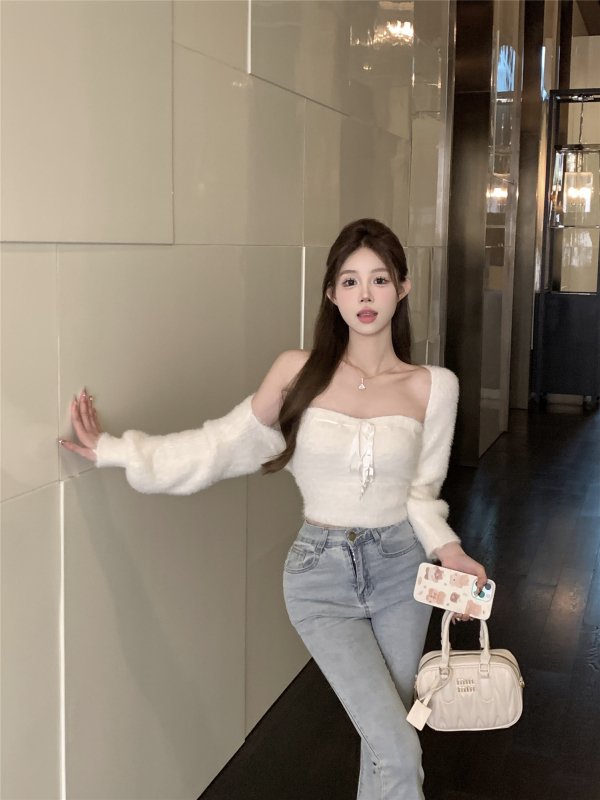 Vapetix One size fits all-One size fits all Real shot~Sweet bubble plush sweater set, sweet and spicy strappy vest + cardigan two-piece set - 图片 6