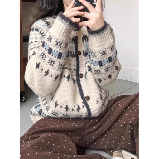 Vapetix Free Size-Free Size  Vintage Jacquard Crew Neck Knitted Cardigan Women's Autumn/Winter Thickened Single-Breasted Loose F – Bild 7