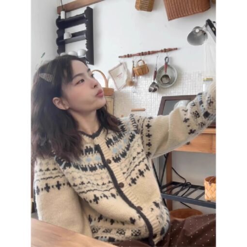 Vapetix Free Size-Free Size  Vintage Jacquard Crew Neck Knitted Cardigan Women's Autumn/Winter Thickened Single-Breasted Loose F – Bild 8