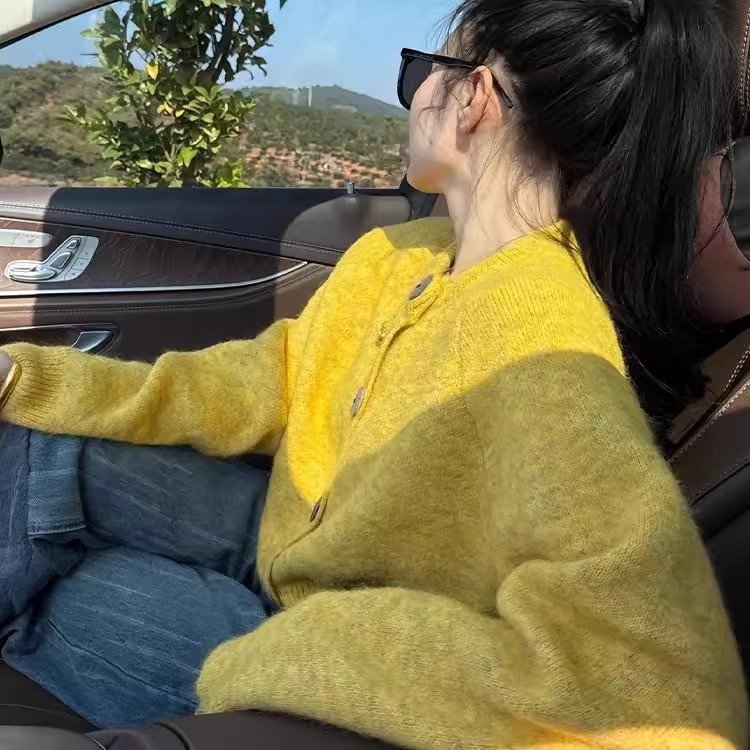 Vapetix Free Size-Free Size French retro yellow raccoon fur cardigan sweater coat women's loose lazy style outerwear knitted to – Bild 6