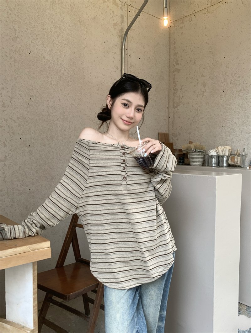 Vapetix S-XL Authentic tie-up striped off-shoulder long sleeve slimming loose-fitting T-shirt with a stylish one – Bild 4