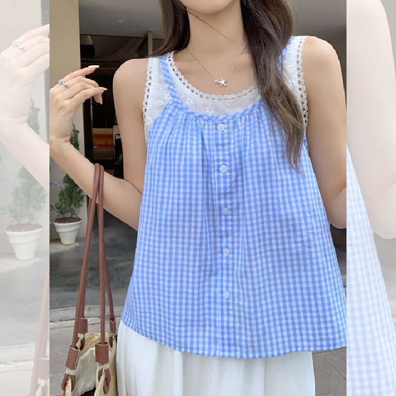 Vapetix S-L Actual shot 2025 seaside outfit blue checkered tank top women's summer two-piece sleeveless outerwe - 图片 6
