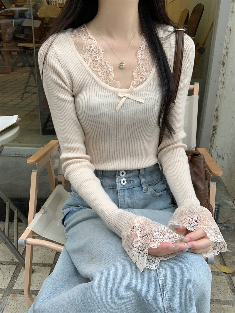 Vapetix Free Size-Free Size Photographed Real Early Autumn New Lace Splicing Long Sleeve Knit Top Base Layer Top Women - 图片 4