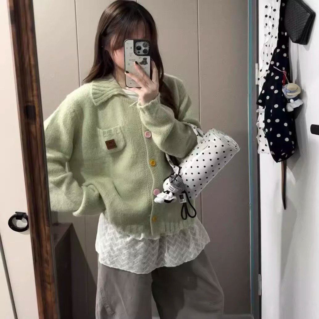 Vapetix Free Size-Free Size Korean-style early autumn atmosphere wear green lapel button knitted cardigan women's loose outerwe – Bild 6