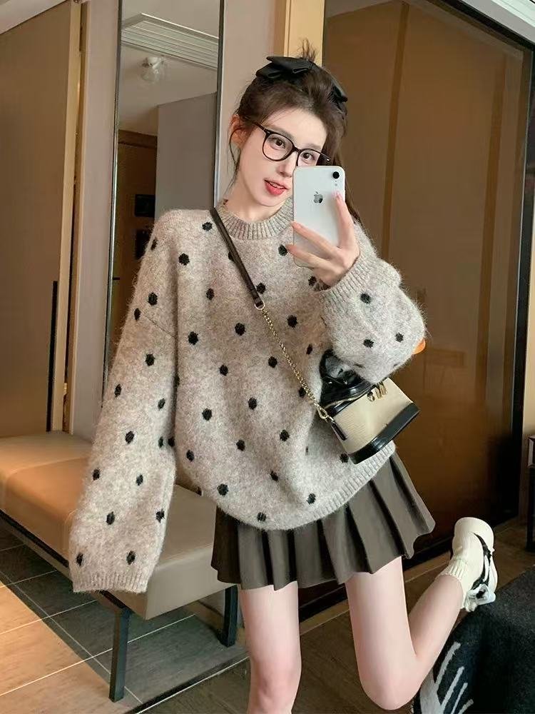 Vapetix Free Size-Free Size Khaki Polka Dot Hooded Sweatshirt for Women 2025 New Autumn/Winter Thick Loose Casual Slouchy Crew – Bild 5