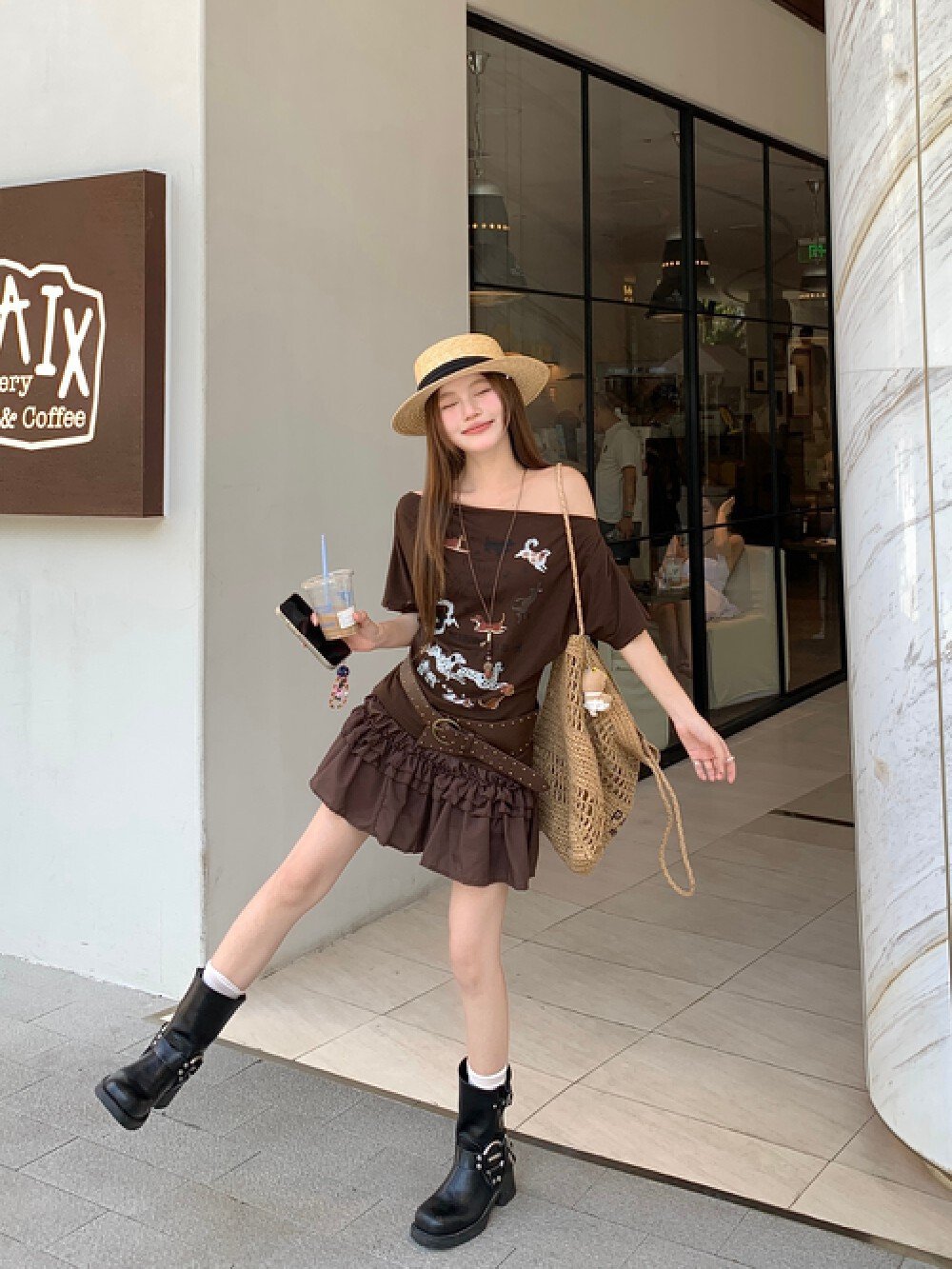 Vapetix S-L Photographed Maillard-style small dog print pleated short-sleeved T-shirt with chiffon layered flor – Bild 3