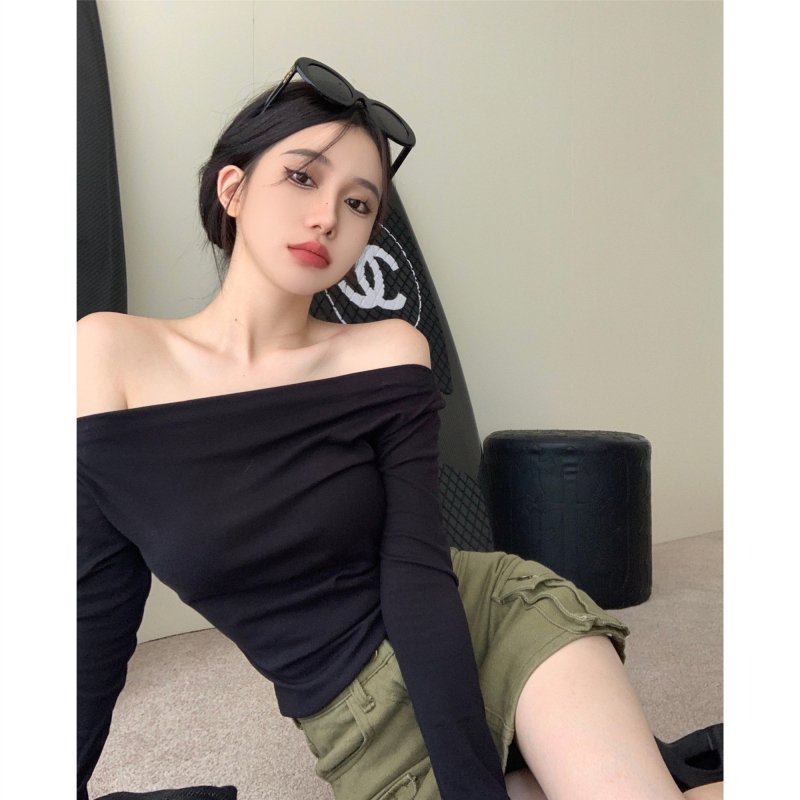 Vapetix One size fits all-One size fits all Actual shot ~ one-line collar, off-shoulder inner bottoming shirt, autumn new long-sleeved tight-fi - 图片 3