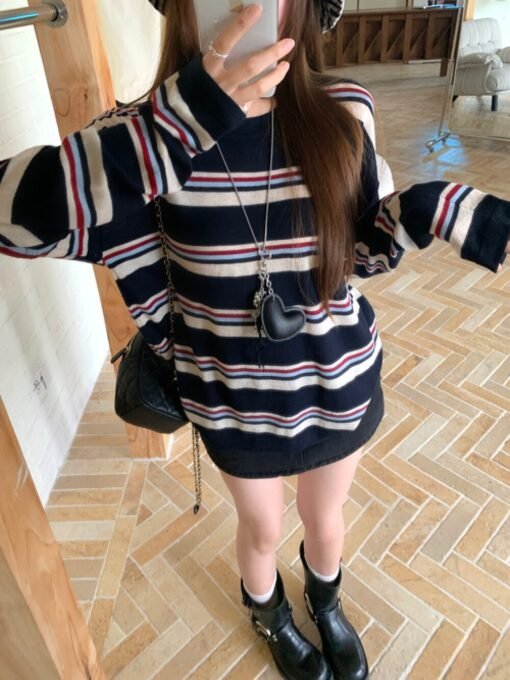 Vapetix Free Size-Free Size  Women's Knit Crew Neck Long Sleeve Sun Protection Cover-Up in Three-Color Stripes – Bild 7