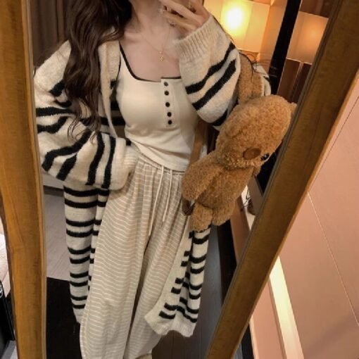 Vapetix Free Size-Free Size  Korean-style striped medium-length cardigan outerwear for women, autumn and winter casual style, un – Bild 6