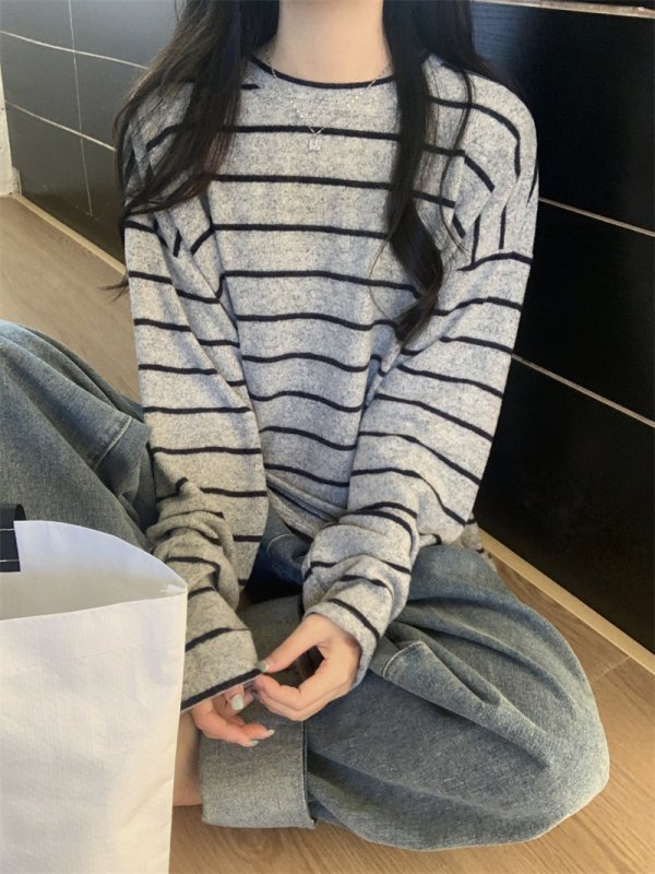 Vapetix S-XL Real shot Real price Striped long-sleeved T-shirt with women's lazy style loose thickened base shir – Bild 6