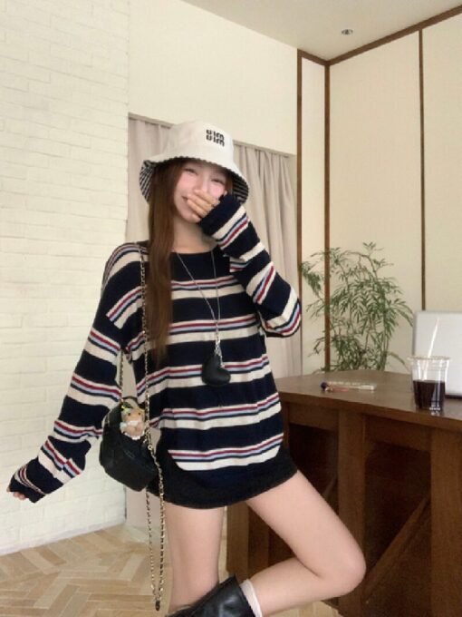 Vapetix Free Size-Free Size  Women's Knit Crew Neck Long Sleeve Sun Protection Cover-Up in Three-Color Stripes – Bild 8