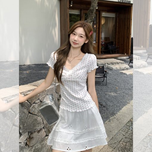 Vapetix S-L  Real-shot Korean-style sweet and spicy outfit with lace-trimmed polka dot short-sleeved T-shirt for – Bild 7