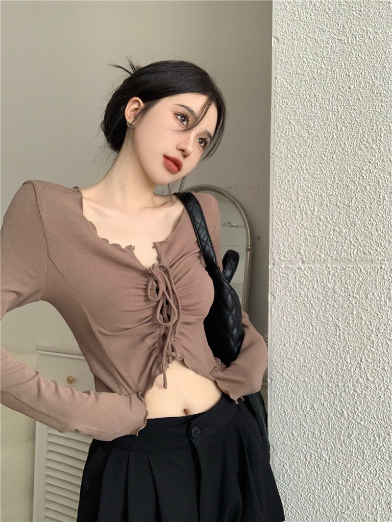 Vapetix One size fits all-One size fits all Actual shot ~ Irregular T-shirt for women, V-neck slim fit, autumn short, tight-fitting drawstring – Bild 4