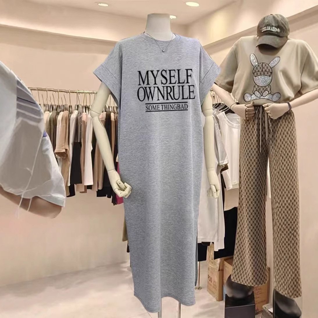 Vapetix M-4XL Flowy Sleeve Lazy Wind Slim Fit Versatile Nightgown Wearable Personality Letter Design Mid-Length L