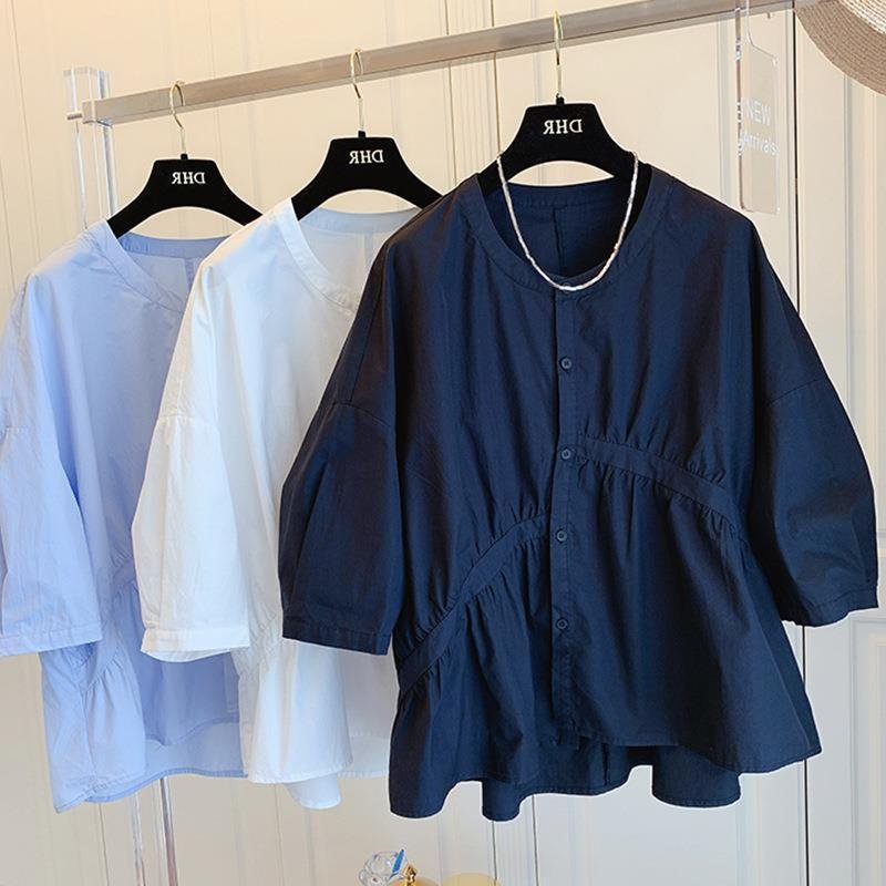 Vapetix S-3XL 1688 Summer Korean Design Small Size Loose Asymmetric Pleated Splicing Doll Shirt Women's Trendy