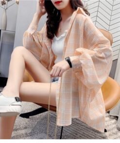 Vapetix XOX-XL Women's Long Sleeve Summer Rayon Sun Protection Check Shirt, Loose Medium Length Thin Jacket Top, K