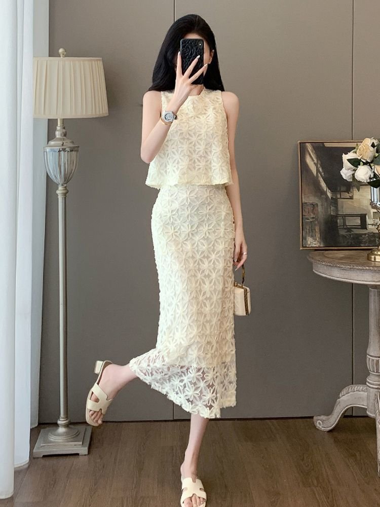 Vapetix M suggests 95-105 pounds-Suggests 135-150 lbs for 3XL Off-white French-style sleeveless lace two-piece dress for women: summer waist-defined, figure-flat