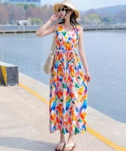 Vapetix XL size suggests 90-115 pounds-5XL suggests 160-175 pounds 2025 Summer Plus Size Cotton Satin Dress with Floral Print, Slimming Mother's Full-Skirted Beach Dr