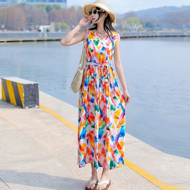 Vapetix XL size suggests 90-115 pounds-5XL suggests 160-175 pounds 2025 Summer Plus Size Cotton Satin Dress with Floral Print, Slimming Mother's Full-Skirted Beach Dr