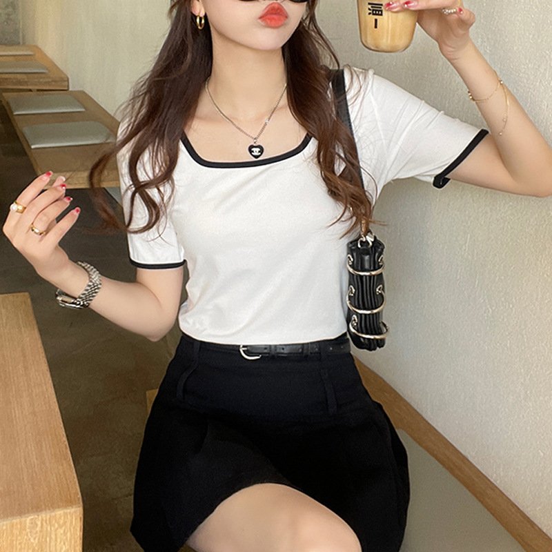 Vapetix S-XXL Selected high elastic thread cotton square collar short-sleeved T-shirt for women in summer new sty