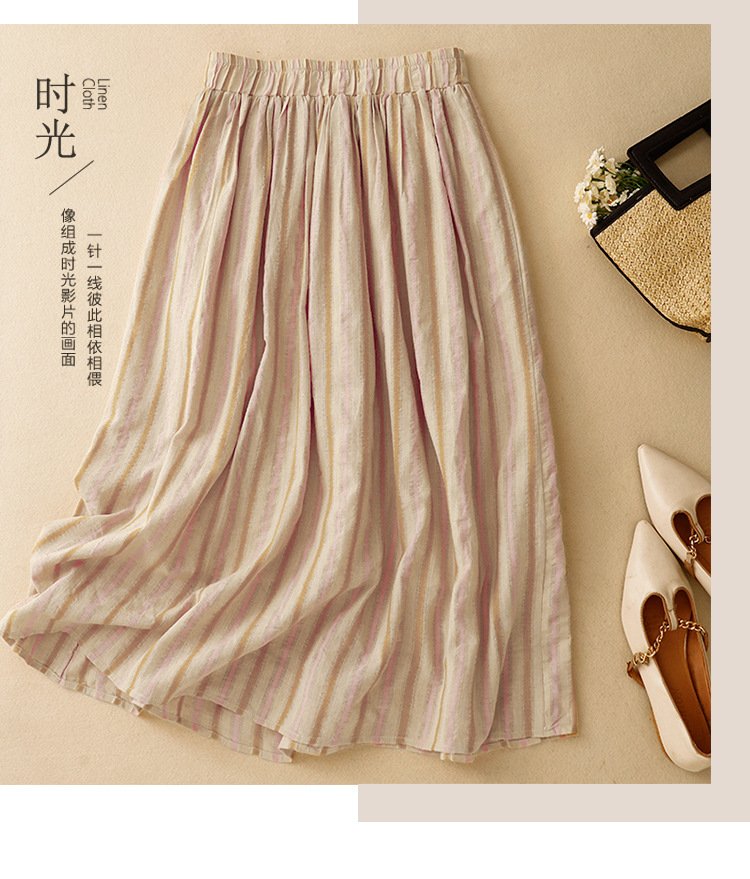 Vapetix L-2XL Women's Loose Relaxed A-line Semi-calf Maxi Skirt with Elastic Waist, Striped, 100% Cotton, Fashion