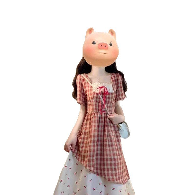 Vapetix S-XL Summer New Japanese Sweet Youthful Red Checkered Dress Lace Splicing Cherry Floral Print Two-Piece