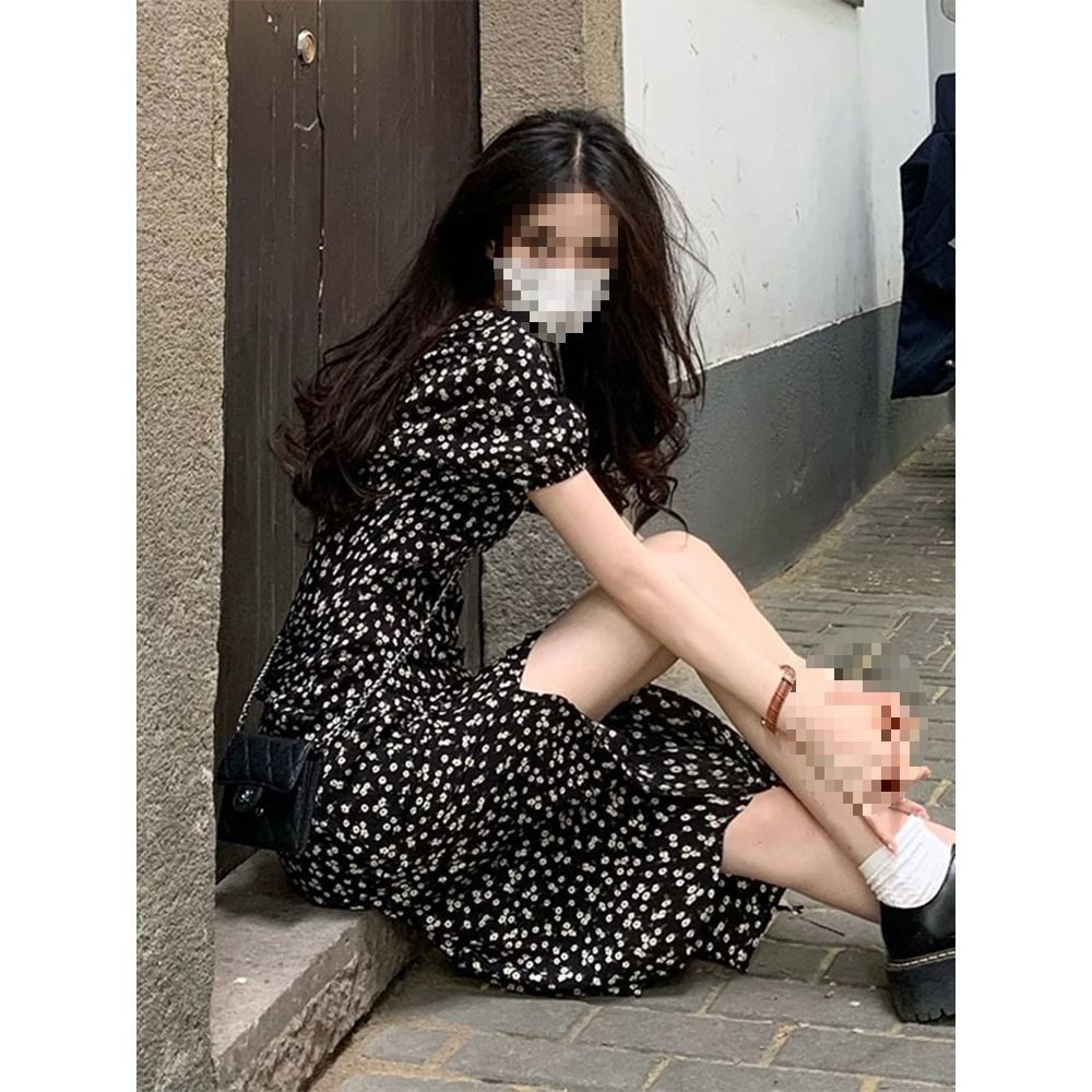 Vapetix 40/45kg/S-65/70kg/XXL French-style square-neck black floral children's summer dress for 2025, waist-cinching, slimming, e