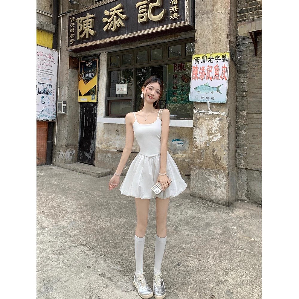 Vapetix S-XL French-style gentle white spaghetti strap dress for women, summer, slimming, flower bud dress, prin