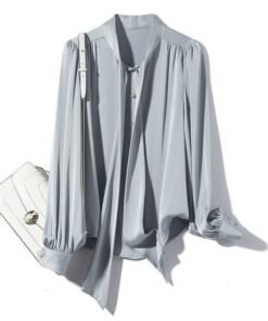 Vapetix ❥ ఇ S-❥ ఇ 3XL Spring Fashion Design Women's Satin Texture Long Sleeve Draped Belted Shirt Commuter Blouse with Bu