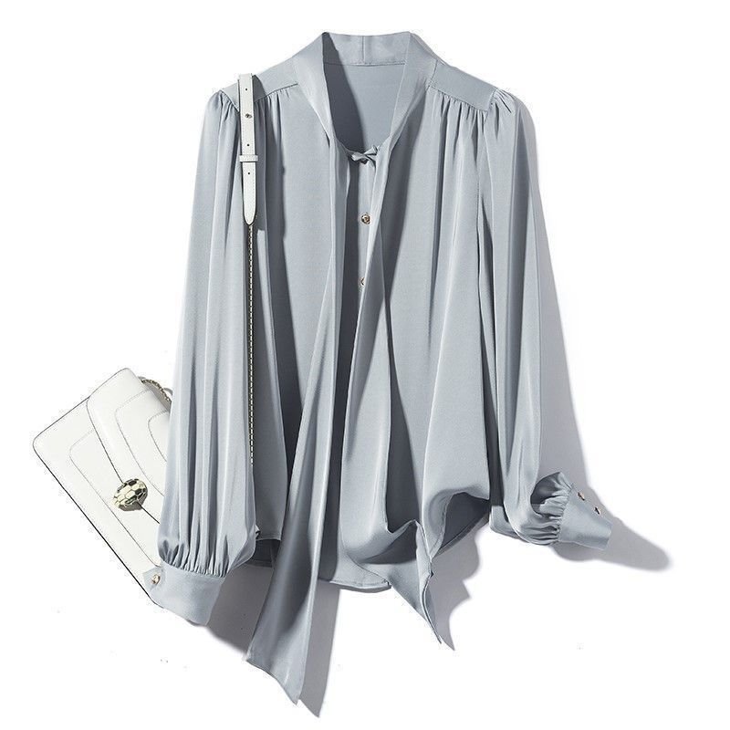 Vapetix ❥ ఇ S-❥ ఇ 3XL Spring Fashion Design Women's Satin Texture Long Sleeve Draped Belted Shirt Commuter Blouse with Bu