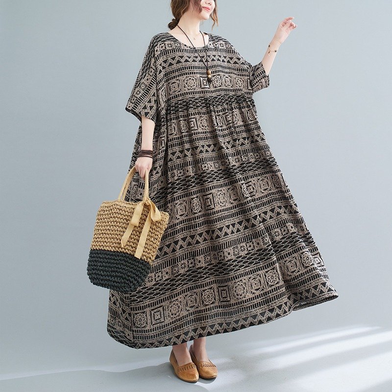 Vapetix L-3XL 2025 Summer Literary Plus Size Loose and Slimming Vintage Print Short Sleeve Long Dress