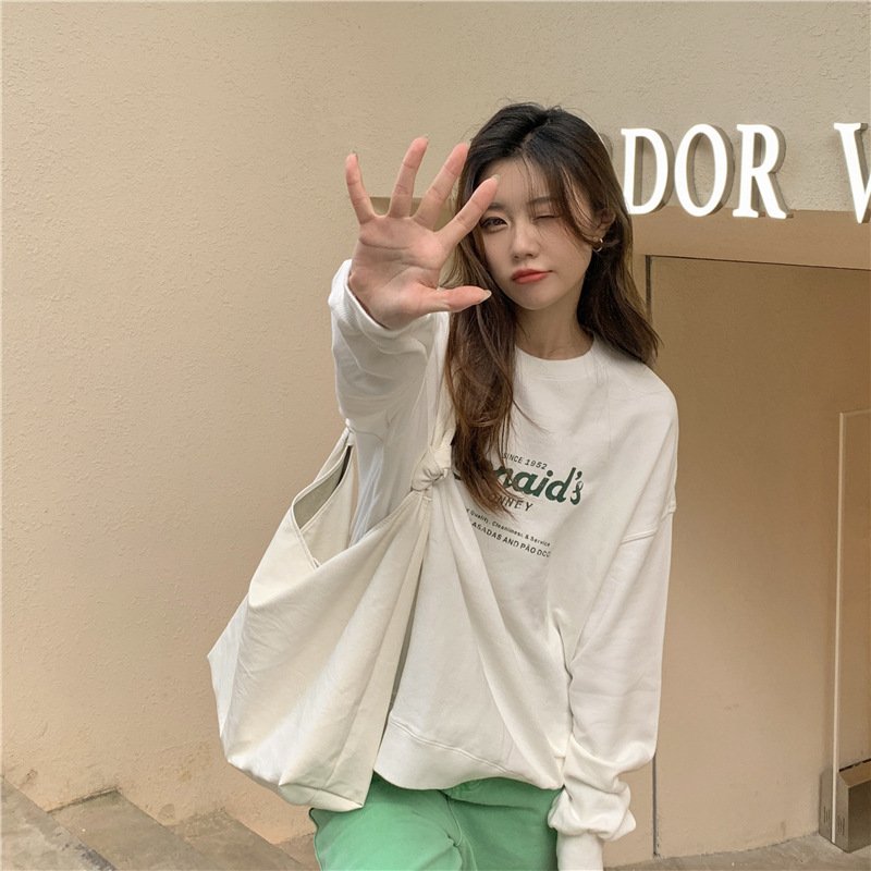 Vapetix M-XL Letter Print Pullover Hooded Backpack Collar Sweatshirt for Women Autumn Korean Version Round Neck