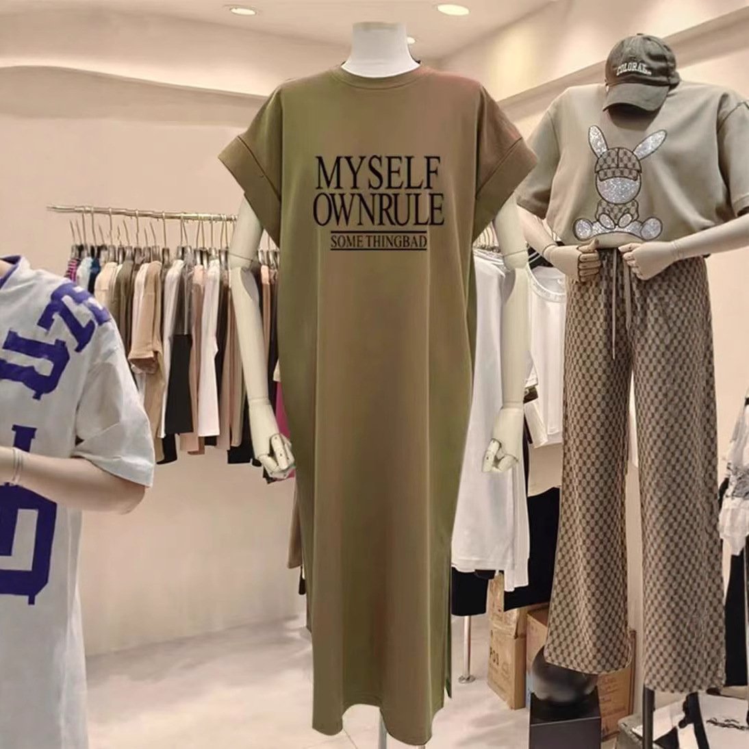 Vapetix M-4XL Flowy Sleeve Lazy Wind Slim Fit Versatile Nightgown Wearable Personality Letter Design Mid-Length L – Bild 2