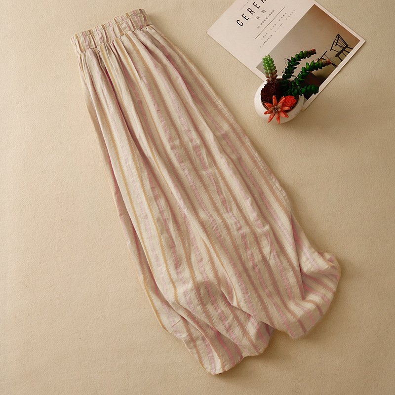 Vapetix L-2XL Women's Loose Relaxed A-line Semi-calf Maxi Skirt with Elastic Waist, Striped, 100% Cotton, Fashion - 图片 3