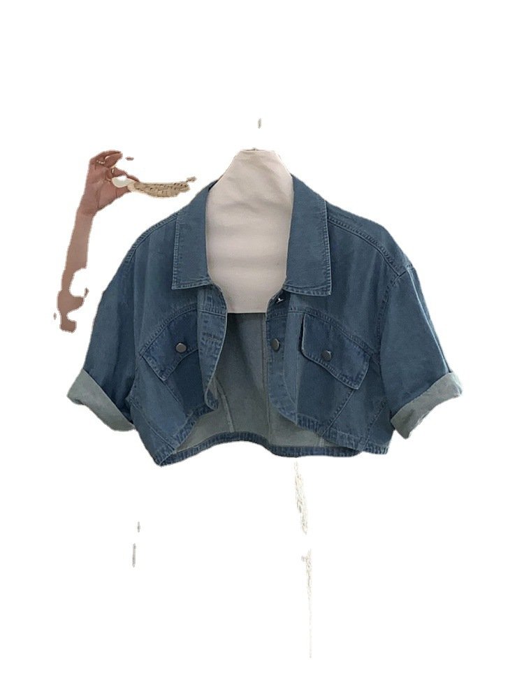 Vapetix ●●XS recommends 75-90 pounds-●●XL Suggests 120-135 Pounds Canton-style short-sleeve denim cardigan high-waisted short jacket for women, summer versatile top,