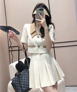Vapetix ●S suggests 70-85 pounds●-●4XL recommended for 150-160 lbs● Small Suit Pleated Skirt Summer Korean-style Cropped Top + High-Waisted Short Skirt Designer 2-Piec