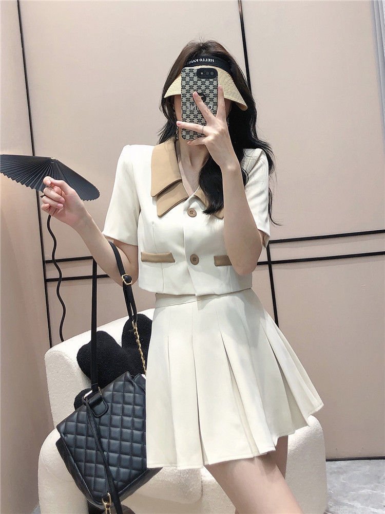 Vapetix ●S suggests 70-85 pounds●-●4XL recommended for 150-160 lbs● Small Suit Pleated Skirt Summer Korean-style Cropped Top + High-Waisted Short Skirt Designer 2-Piec