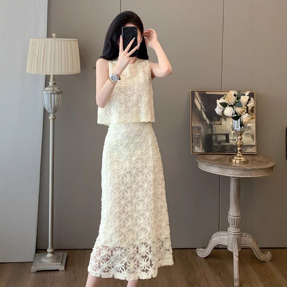 Vapetix M suggests 95-105 pounds-Suggests 135-150 lbs for 3XL Off-white French-style sleeveless lace two-piece dress for women: summer waist-defined, figure-flat – Bild 2