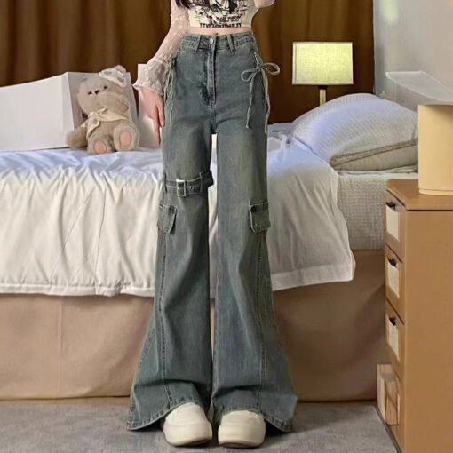 Vapetix XS-2XL  Vintage American-style wide-leg jeans for women, suitable for spring and autumn, niche low-rise str