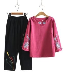 Vapetix XL size建议【85-100 pounds】-5XL recommended [145-160 lbs]  Women's Mid-Age Cotton Linen Embroidery Set 2025 Summer Ethnic Style Two-Piece Top Mother Loose Sev