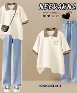 Vapetix ❀✿❀❀✿❀ ❁S Recommend within 85 lbs-❀✿❀❀✿❀ ❁2XL Suggests 131-155 lbs Summer Set Women's Student Korean Style Loose Fit Slimming Polo Neck T-shirt + Jeans College Style