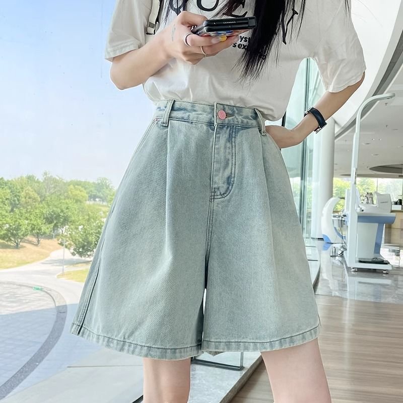 Vapetix ●S Recommend 80-98-●2XL Suggested 130-145 Chic Women's 5-Pocket Denim Shorts 2025 Summer High-Waisted Loose Fitting Slimming Petite A-Line Wi – Bild 2