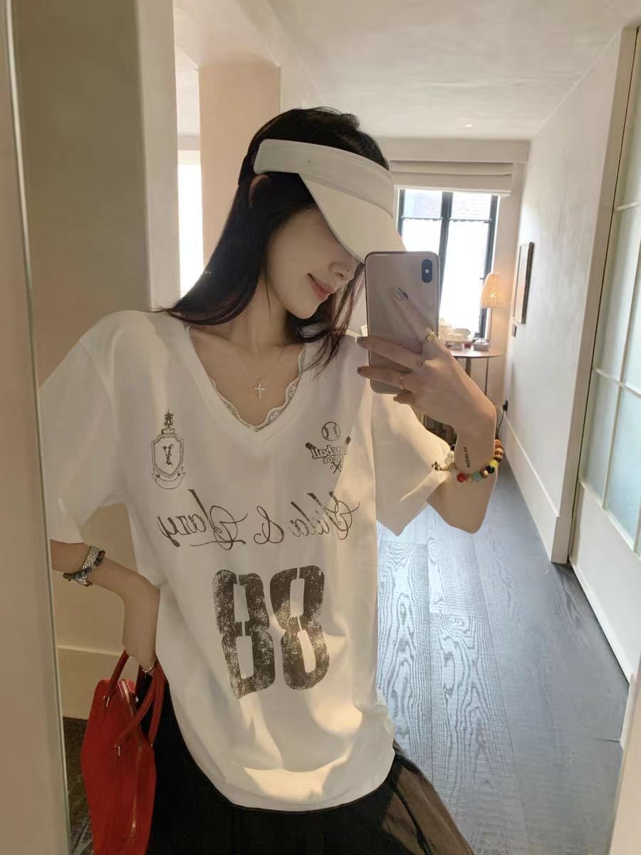 Vapetix S-XL Home Factory American Casual Style Lace Splicing V-Neck Short Sleeve T-Shirt Loose Letter Print Top