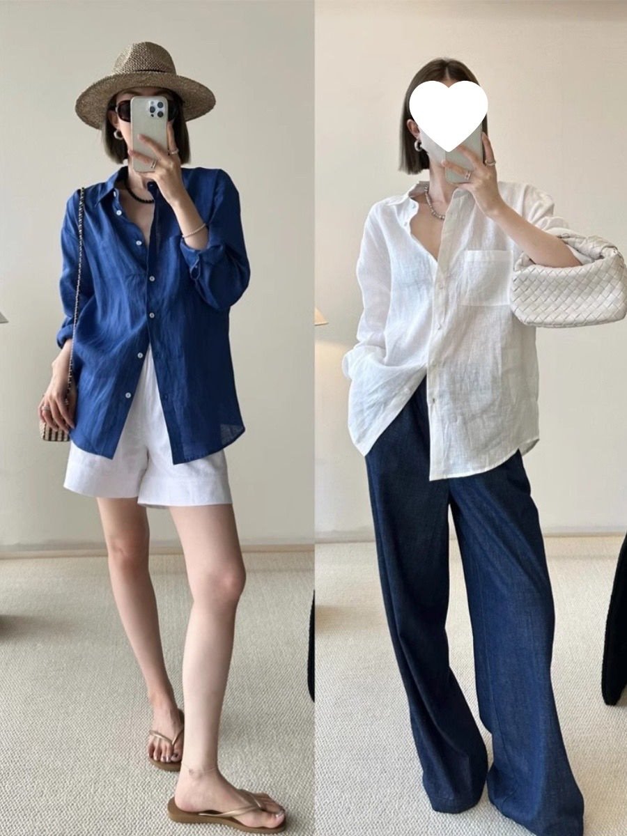 Vapetix 2XL-XL French-style white linen long-sleeved women's summer thin loose old money-style cotton-linen lined – Bild 3