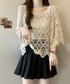 Vapetix Unisex size [Recommended for 165-278 lbs]-Unisex size [Recommended for 165-278 lbs]  Bohemian-Style Plus-Size Crochet Knit Top for Women: Loose-Fitting, Casual Pullover with Elegant Ho