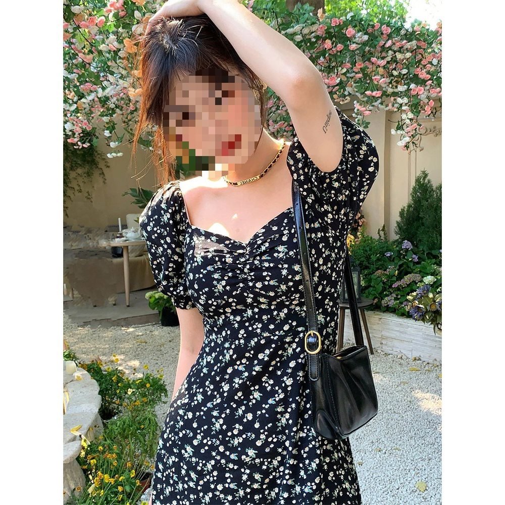 Vapetix 40/45kg/S-65/70kg/XXL French-style square-neck black floral children's summer dress for 2025, waist-cinching, slimming, e – Bild 2