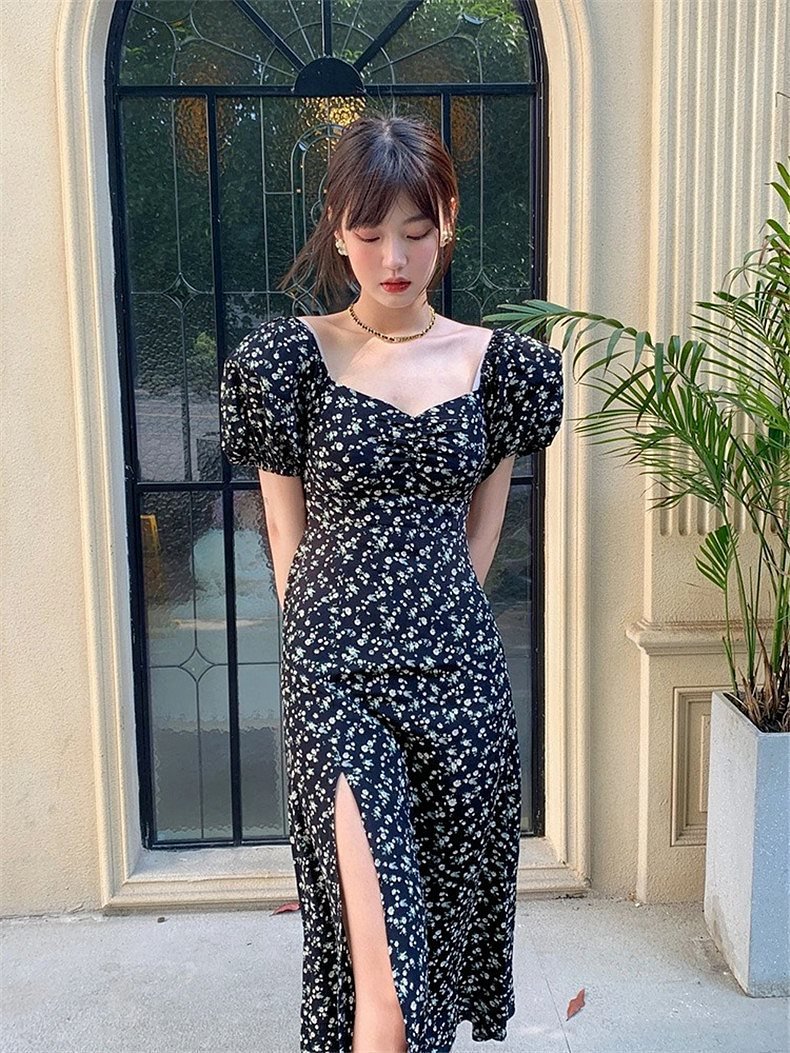 Vapetix 40/45kg/S-65/70kg/XXL French-style square-neck black floral children's summer dress for 2025, waist-cinching, slimming, e – Bild 3